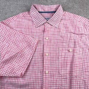 Tommy‎ Bahama Shirt Mens Medium Pink Checkered Linen Tencel Blend Beach Coastal